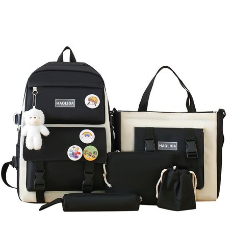 5PCS Set Aesthetic School Bag Cute Bookbag with Badge&Pendant,Shoulder bag Image