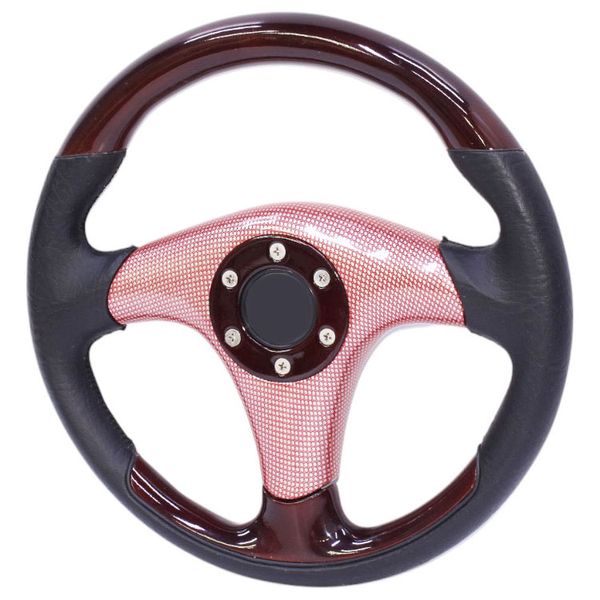 Universal Steering Wheel Woodgrain &amp; Black Leather &amp; Red CarbonFibre Design