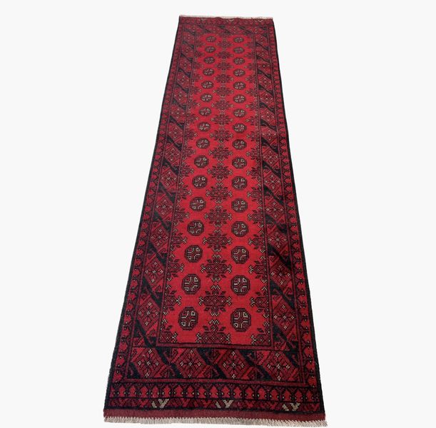 Red Afghan Hand-Knotted Runner - 289 x 78 cm