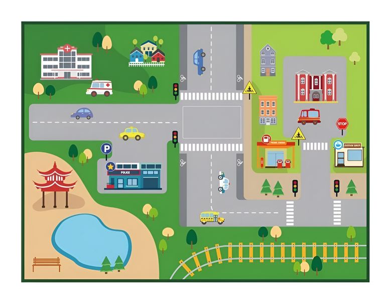Kids Large Non-Slip Educational Carpet - City Town 200 x 150cm - Play Rug