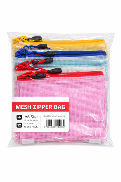 A6 Mesh Zipper Bags - Assorted Colours, Pack of 12-3 x 12 Packs