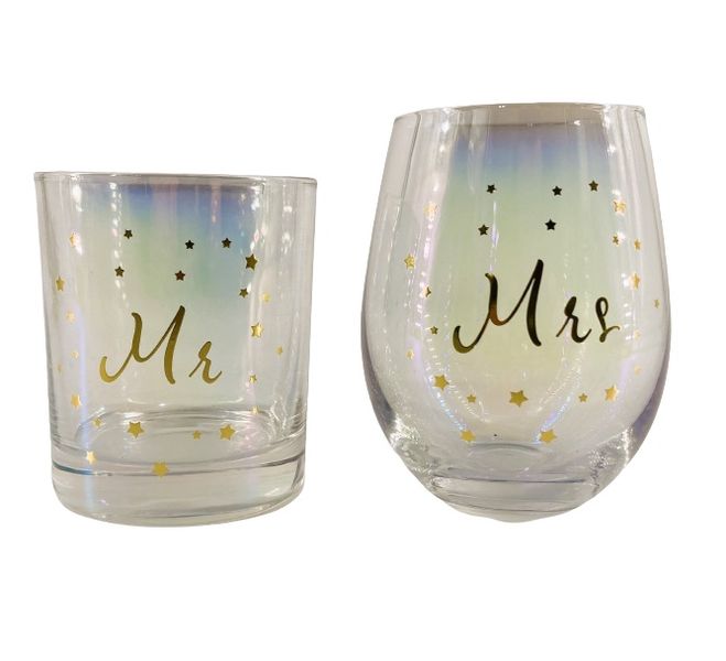 Mr &amp; Mrs Gold printed Stemless Wine Glass &amp; Tumbler Set - 550ml