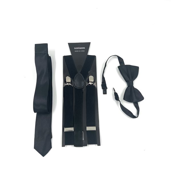 3 Pieces Men Black Bowtie Tie Suspender And Plain Satin Tie