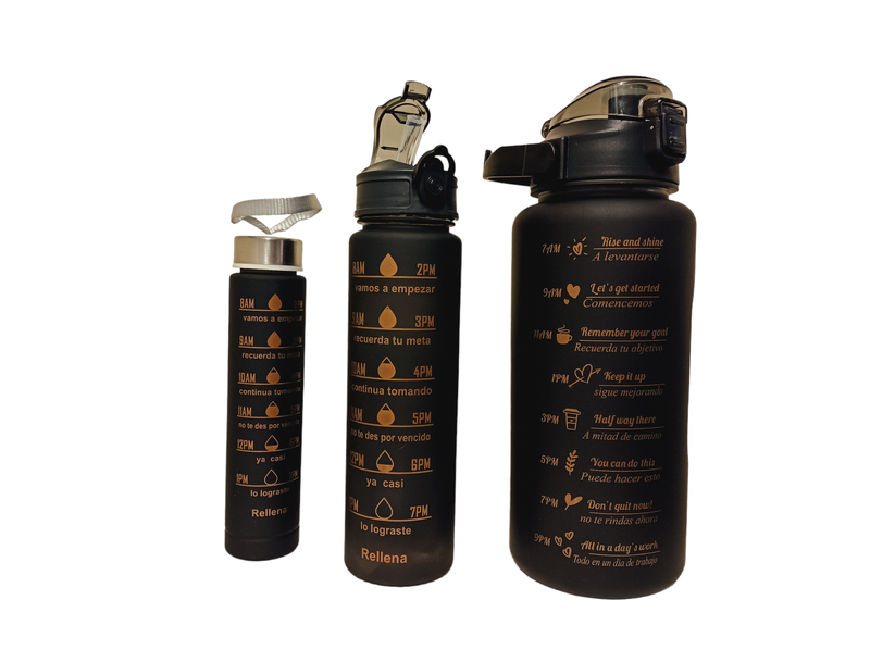 Black Motivational Water Bottle - 3 Piece