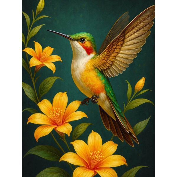 Hummingbird Diamond Painting Kit, 5D Full Drill, Yellow Flowers Decor