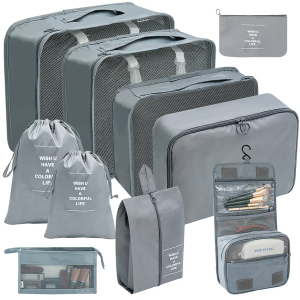 Set of 10 Luggage Organization Covers, Compression/Expansion System, Gray