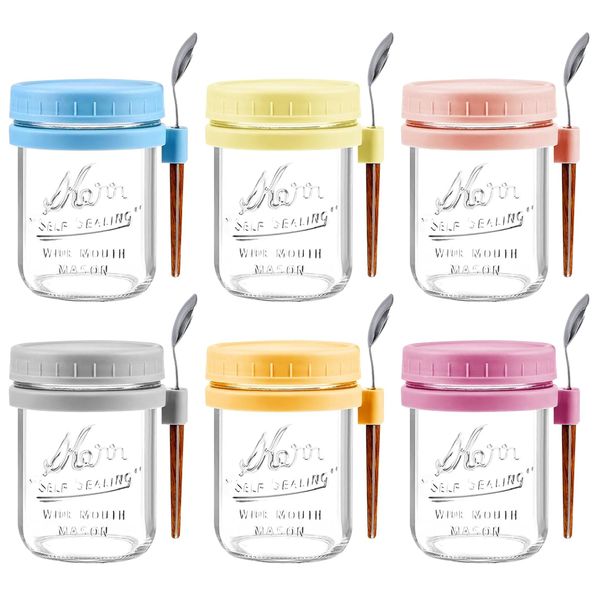 6 Pack Overnight Oats Containers with Lids and Spoons,16oz Glass Mason Jars