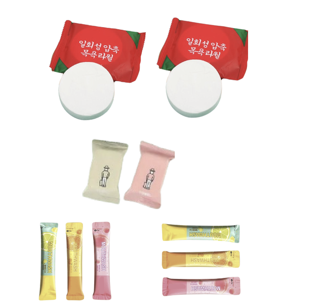 Disposable Travel set - 2 Bath Towels + 2 Face Towels + 6 Mouthwash