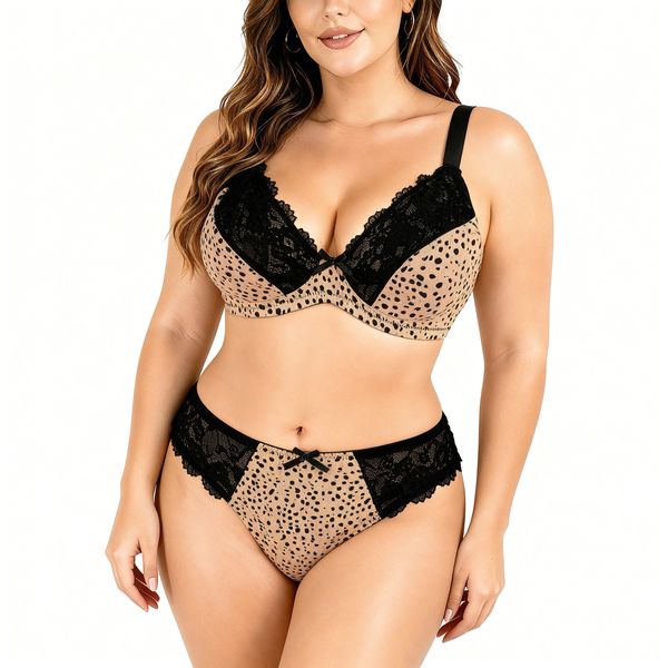Leopard Print Lace Push-Up Bra &amp; Thong Set - Underwire Plunge Lingerie Set