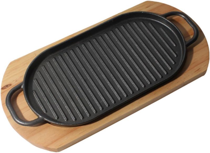 Cast Iron Grilled Steak Meat Iron Plate Cast Platter Wooden Base HY-323
