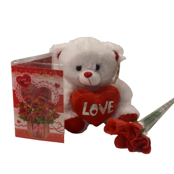 25cm WhiteTeddy Bear &amp; Valentine's Day Gift Card and 4x Plastic Rose Set