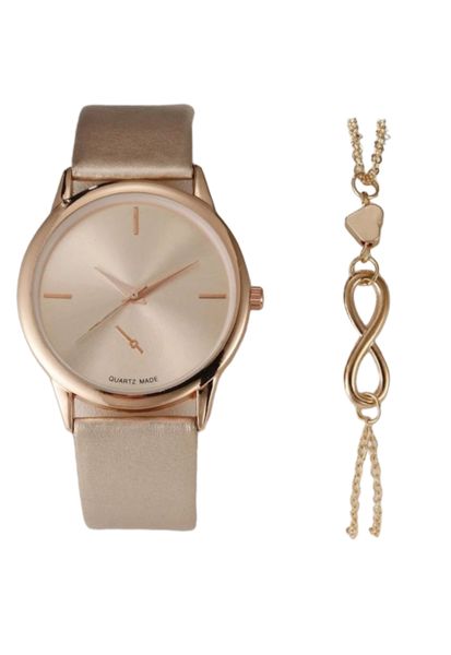 Minimalist Round Pointer Quartz Watch &amp; 1 Piece Charm Bracelet