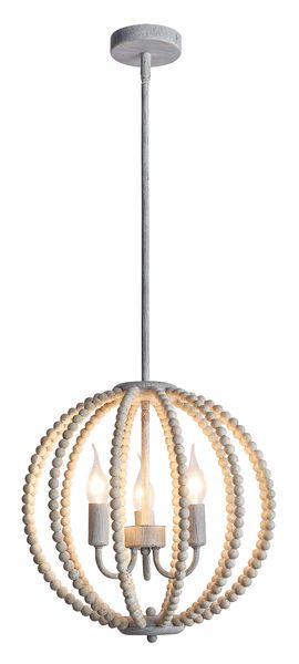3 Light Chandelier with Round White Washed Wood Beads