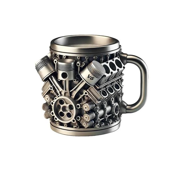 V6 Engine Style Coffee Mug - Men's Gift - Grey/Silver - 0.5L