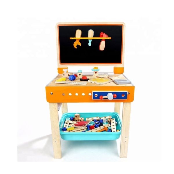 2-in-1 Wooden Tool Workbench, Art Desk &amp; Chalkboard for Kids