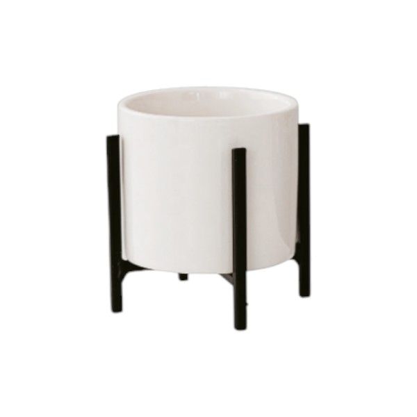 Minimalistic Ceramic Plant Holder With Sturdy Metal Stand - Medium - White