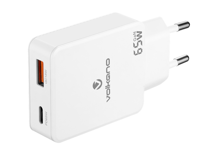 Volkano Potent Duo series 65W Dual USB and USB-C PD Compact Wall Charger