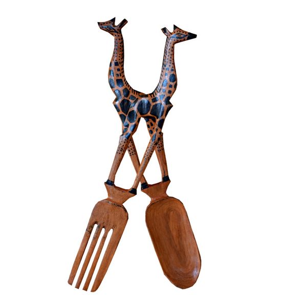 Hand Carved Teak Wood Giraffe Salad Servers Ornament 2 Pieces by woodly