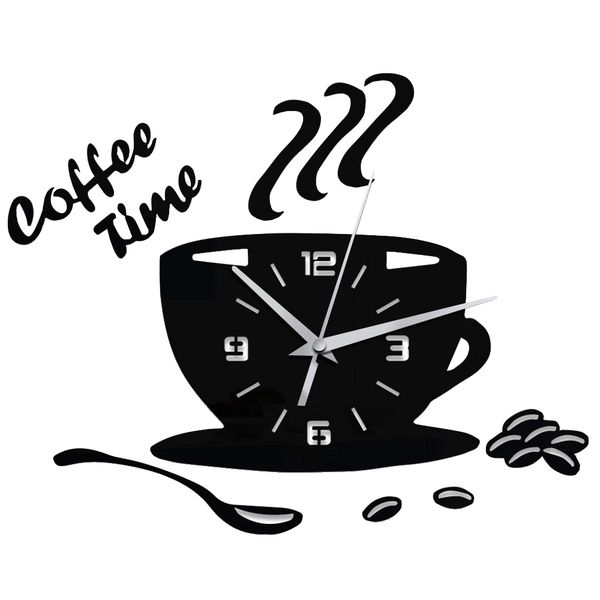 Coffee Shape DIY Acrylic 3D Mirror Wall Sticker Decorative Clock - Black