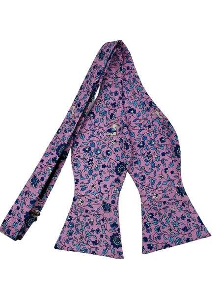 100% Silk Premium Bowtie - Pink/Blue Floral Nature Design