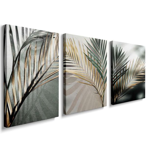 Nordic Green Gold Palm Leaves Canvas Wall Art Decor - 3 Piece