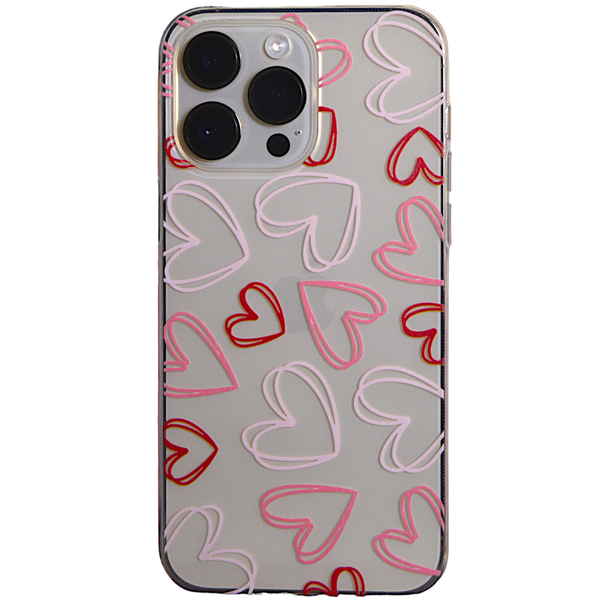 Clear - Phone Case - with Big Pink &amp; Red Hearts - Iphone 14 Pro Max