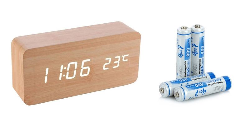 Wooden LED Clock Sound Control, Alarm, Temperature, Date with Batteries