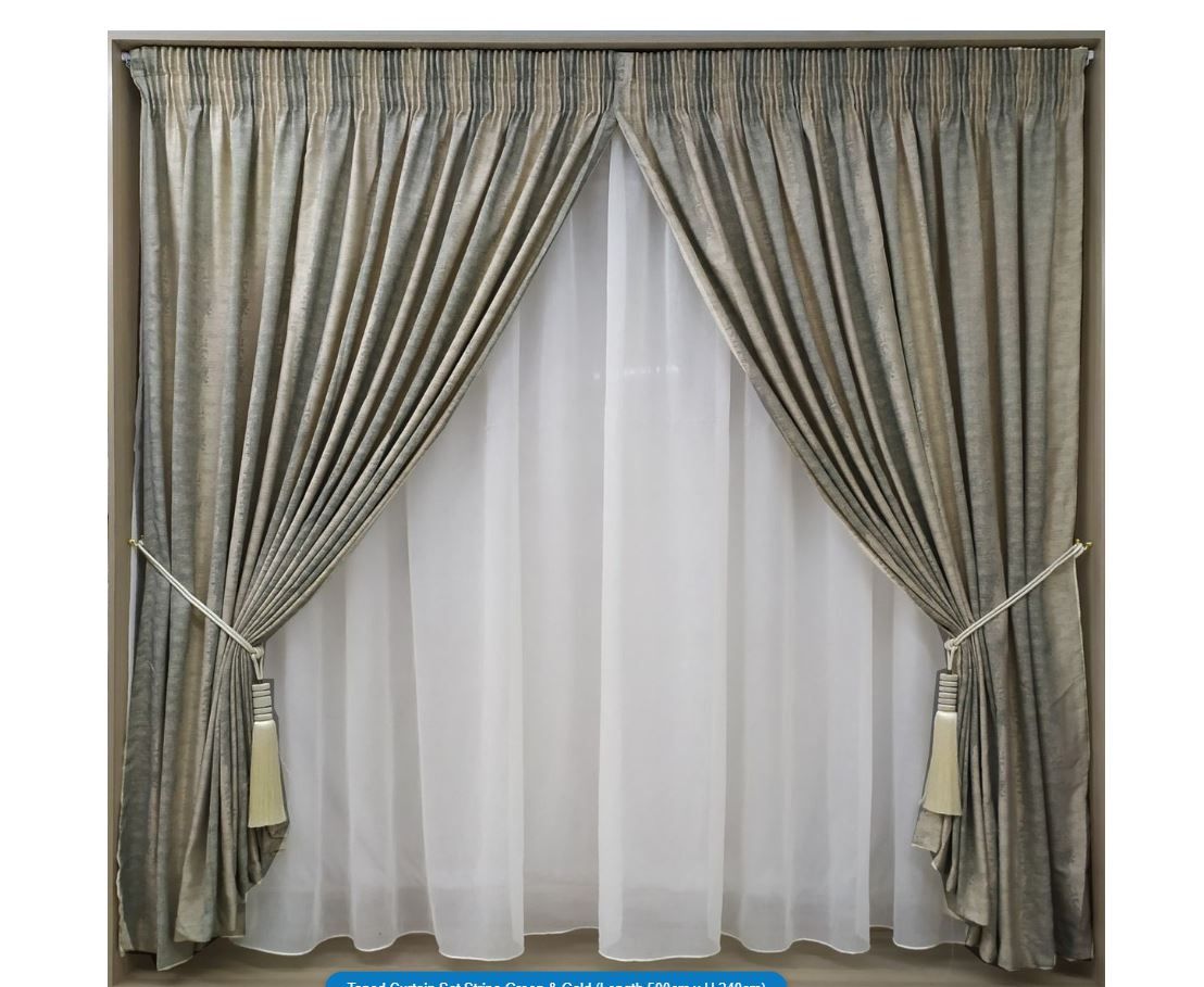 Curtain Set 5m MG Stripe Green & Gold + 5m Plain Linen Voile Shop Today. Get it Tomorrow