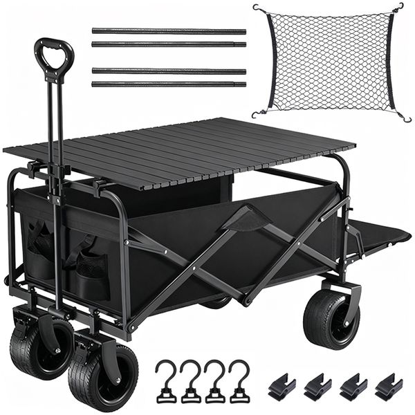 124cm Folding Camping Cart Wagon with Folding Table Plate NetCover 2 Brake