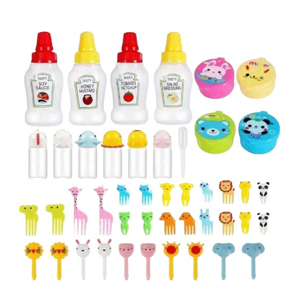 28 Piece Portable Mini Sauce Bottle And Condiment Containers and Fork