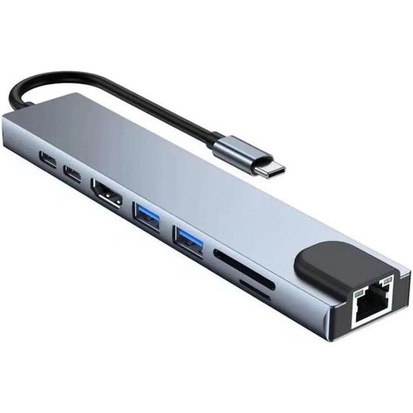 8-in-1 Type-C Hub with Fast Ethernet Port, Read/Write Speeds up to 800MB/s
