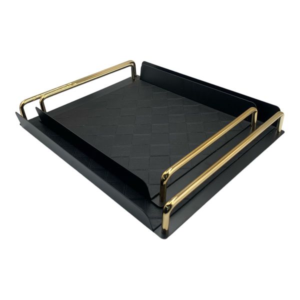 2 Piece Black Diamond Patterned Metal Serving Tray with Gold Handles