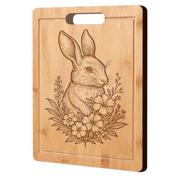 Rabbit Floral Engraved Cutting Board with Handle Chopping Block for Kitchen