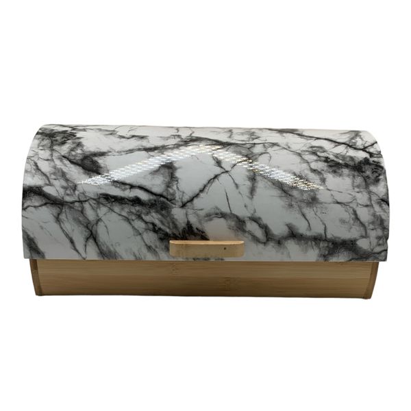 Breadbin 39x20.5x19cm Marble Look With Wooden Base