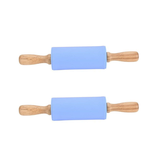 2 Pcs Of Silicone Mini Rolling Pin With Wooden Handle - Blue