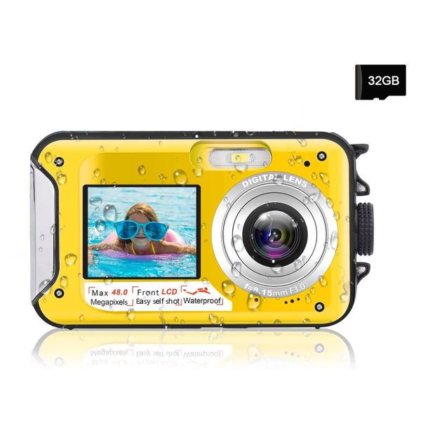 2.7K Waterproof Camera with 32G Card, Underwater Camera for Snorkeling-Yellow