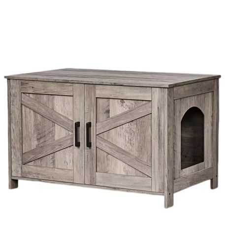 Cat House, Pet House Double Door,Wooden Cat Litter Box Enclosure - Greige Image