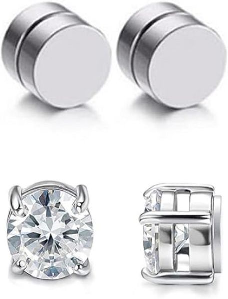 Stainless Steel 2 Pairs Magnetic Non-piercing Diamond Silver Stud Earrings