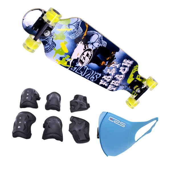 Skateboard 78x20cm Longboard-LED Wheels &amp; Protective Kit &amp; Mask -FastTrack