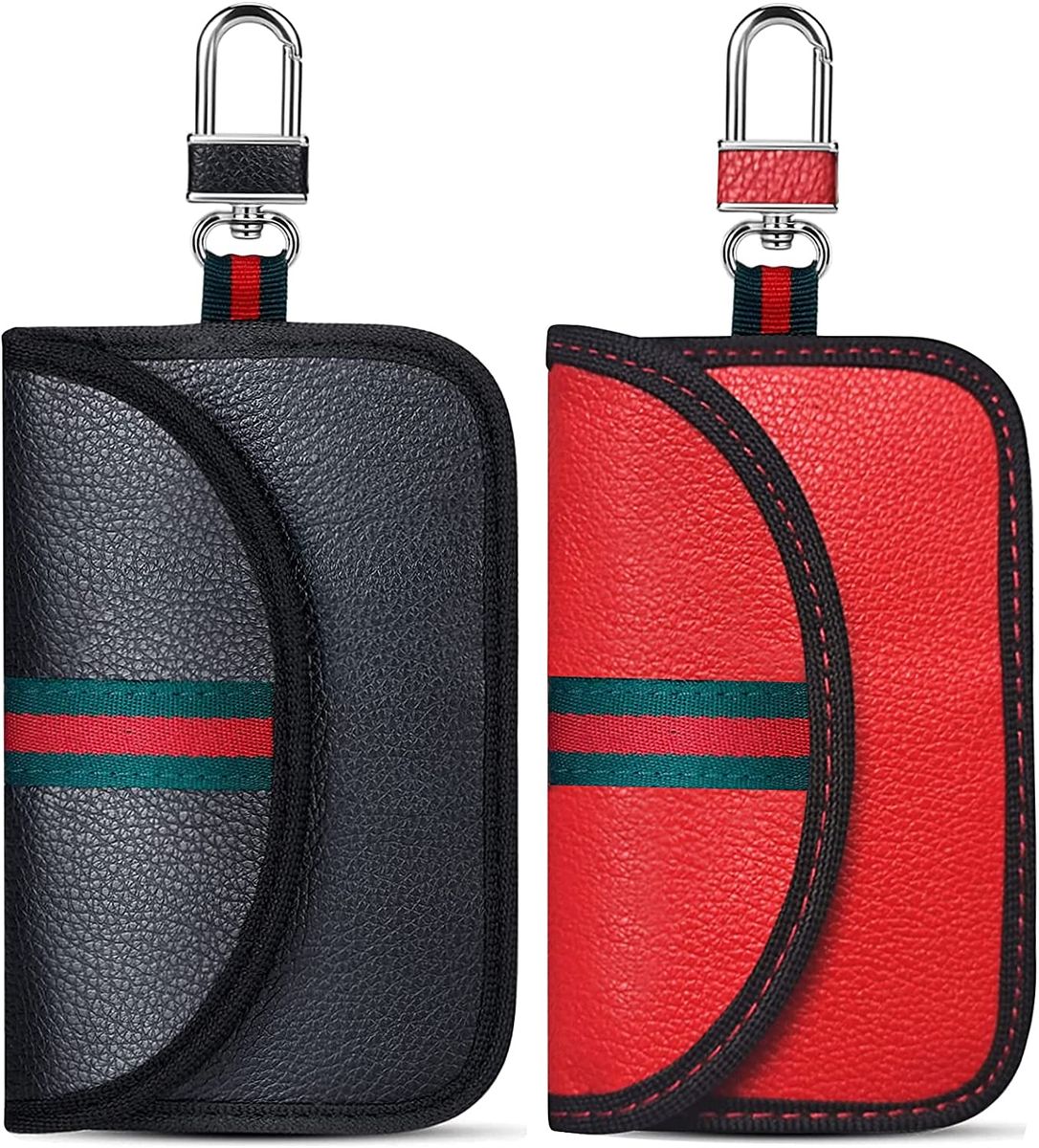 2 Pack Car Key Signal Blocker PU Leather Black Red Faraday Fob Pouch RF121