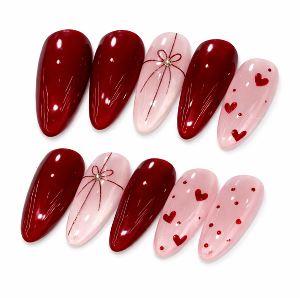 10 Piece Press-On Nail Set - Glossy Red &amp; Blush Pink Heart Design