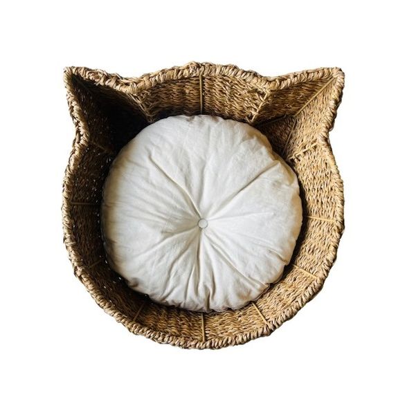 The Cat's Ears - Seagrass Woven Pet Bed Basket with Cushion &amp; Blanket