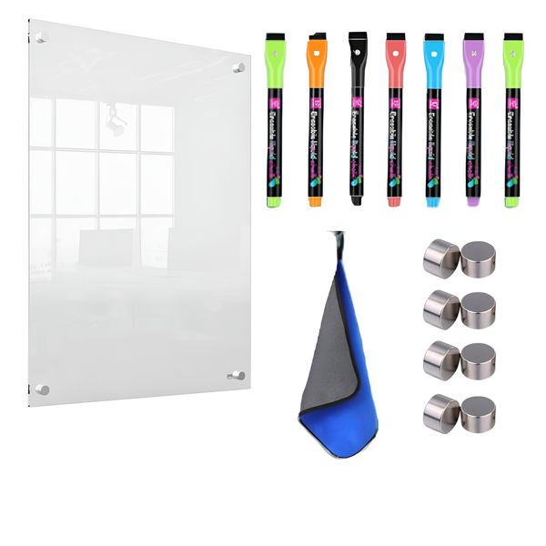 40×30cm Acrylic Magnetic Fridge Message Board with Markers &amp; Towel - Clear