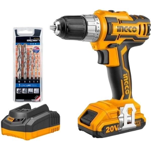 INGCO - Cordless Drill Kit &amp; Alpen Masonry Drill Bit Set (8 Piece)