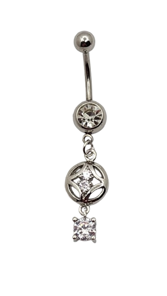 Women's Belly Ring with Crystal Stone Drop - Silver