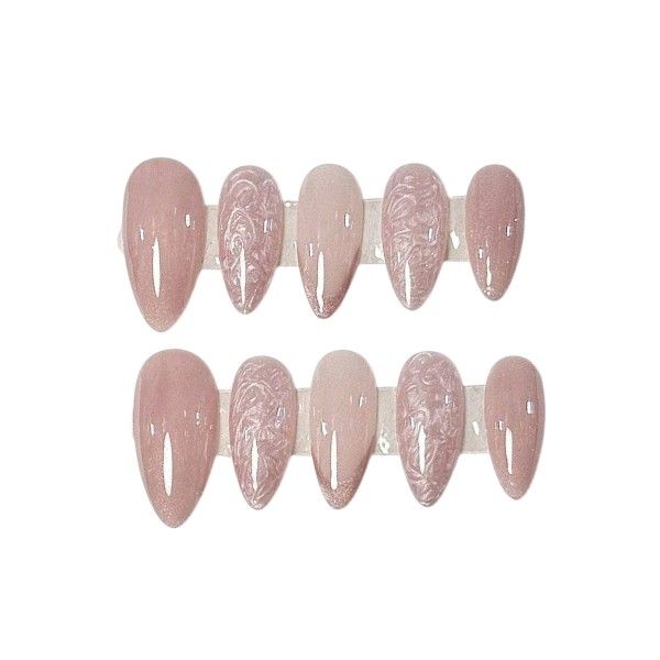 10 Piece Press On Nails Set With Marble Accents - Glossy Nude