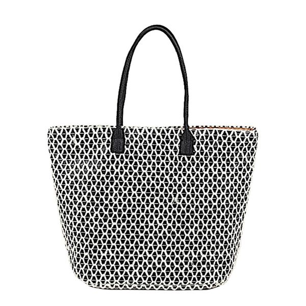 Large Tote Straw Beach Bag - Black &amp; White