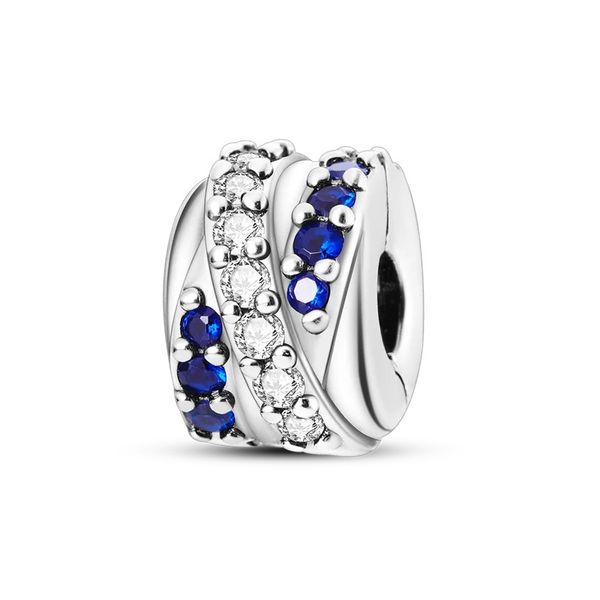 Royal Blue &amp; Silver Diamante Overlap Stripe Stopper Spacer S925 Charm