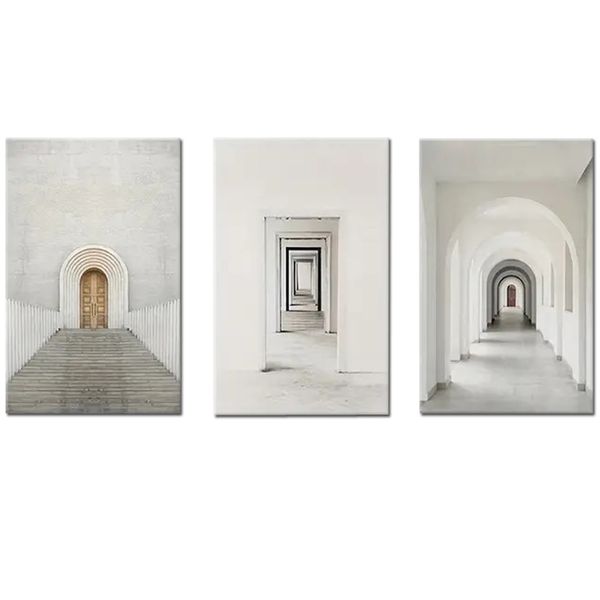 Canvas-Art-3 Pieces White Corridor Boho Style Door Wall Art