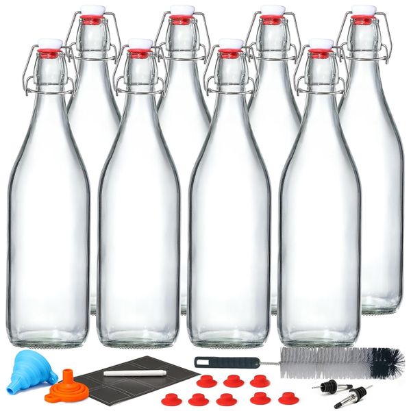 8 Pack 1L Swing Top Glass Bottles With Flip Top Lid 8 Extra Seals &amp; Pourer